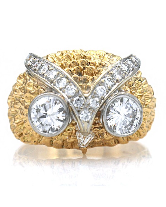 Diamond Owl Dome Ring in 18K Yellow Gold